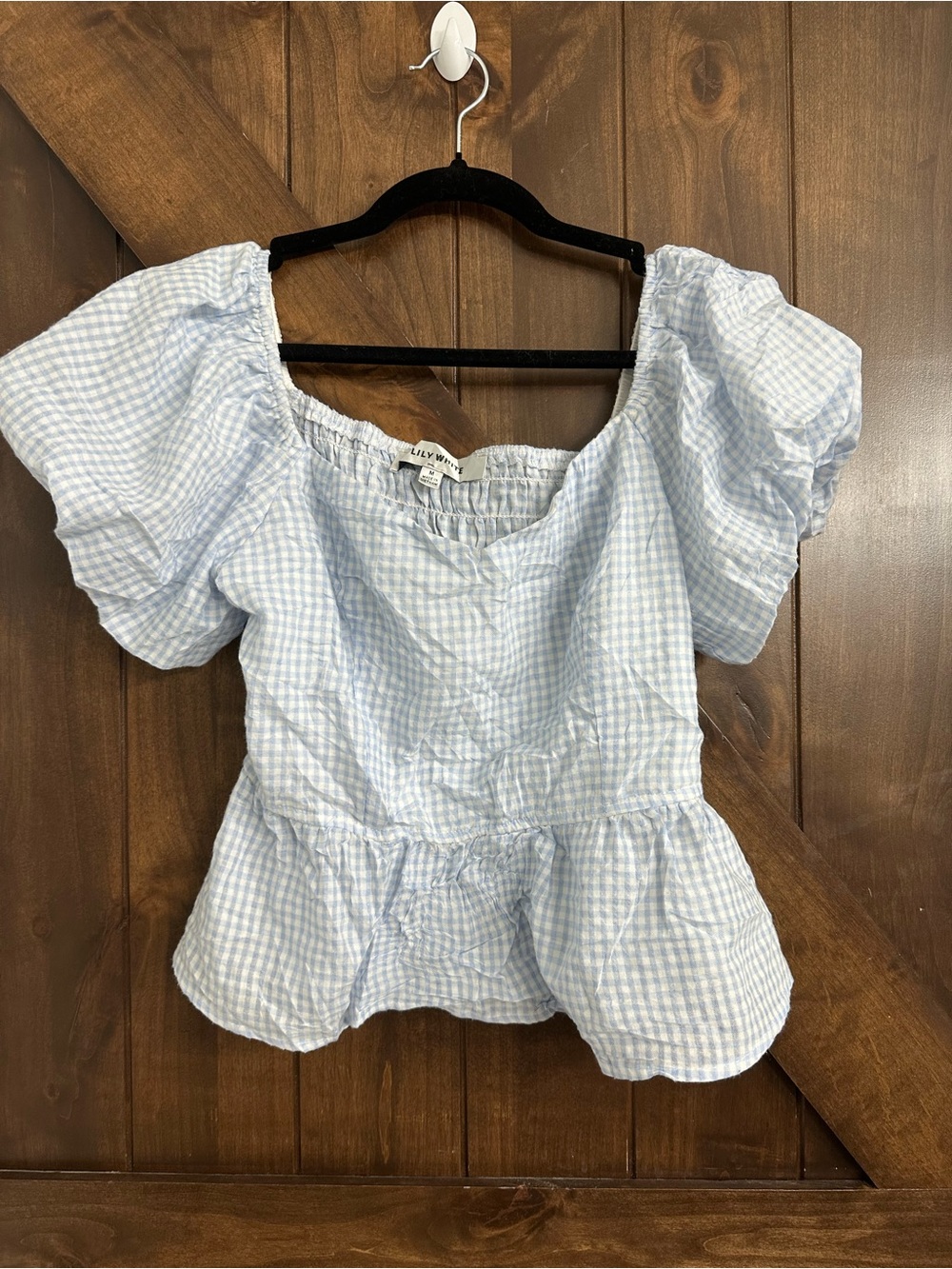 Lily White Light Blue Gingham Puff-Sleeve Peplum Blouse